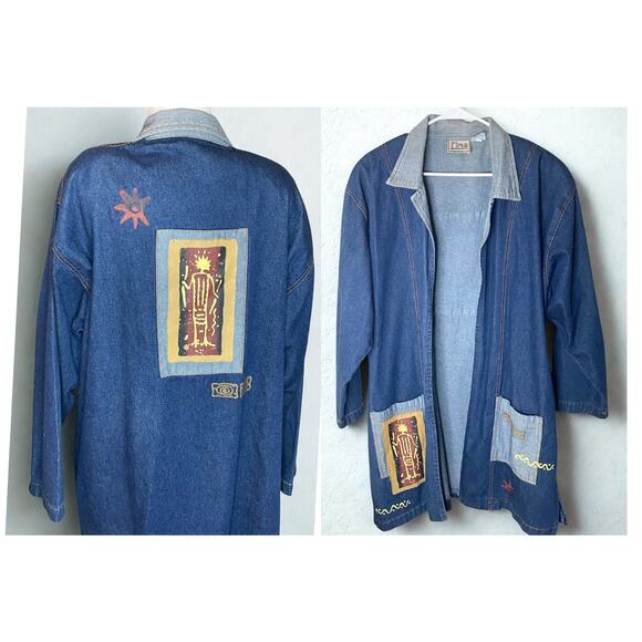 Rima Vintage Denim Jacket Coat Trench One Size Boho Indie Tribal Hand Painted - Picture 1 of 7